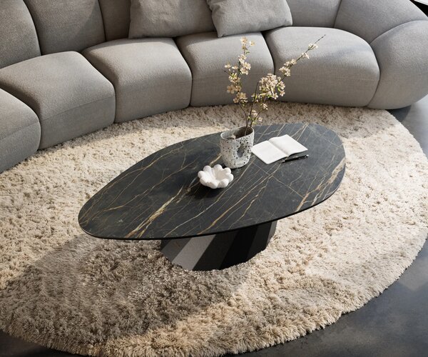 DELIFE Dohányzóasztal Edge organikus 140x76 cm Laminam® kerámia Noir Desir barna Parabi fém fekete