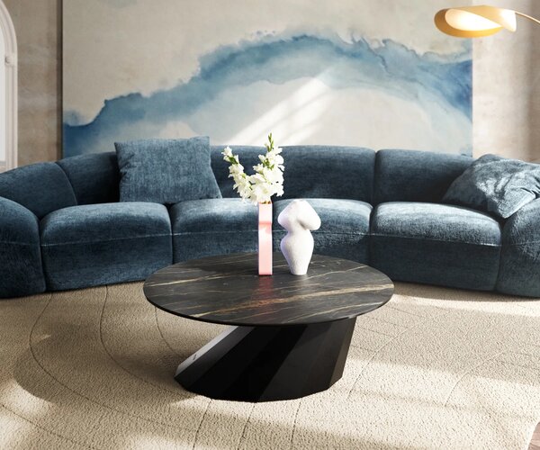 DELIFE Dohányzóasztal Edge kerek 90x90 cm Laminam® kerámia Noir Desir barna Parabi fém fekete