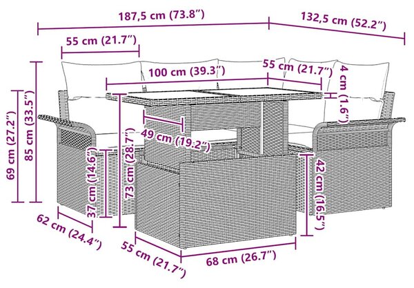 Kerti Kanapé Szett 5 db Bézs [Műanyag]: Poly Rattan