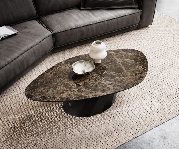 DELIFE Dohányzóasztal Edge organikus 140x76 cm Laminam® Emperador kerámia extra fényes sötétbarna Parabi fém fekete
