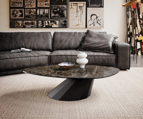 DELIFE Dohányzóasztal Edge organikus 140x76 cm Laminam® Emperador kerámia extra fényes sötétbarna Parabi fém fekete