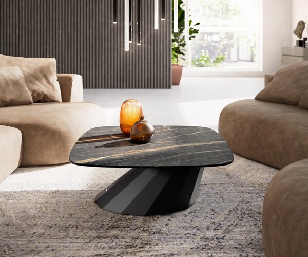 DELIFE Dohányzóasztal Edge 90x90 cm Laminam® kerámia Noir Desir barna Parabi fém fekete