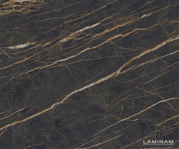 DELIFE Dohányzóasztal Edge hajóformájú 90x90 cm Laminam® kerámia Noir Desir barna Parabi rozsdamentes acél szálcsiszolt
