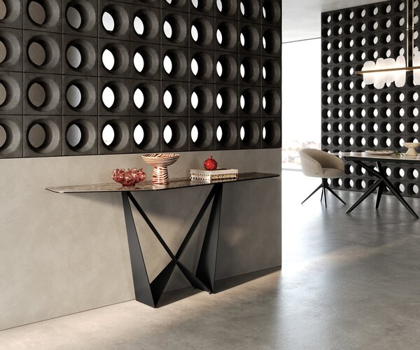 DELIFE Konzolasztal Edge poligonális 180x50 cm kerámia emperador extra polírozott sötétbarna Spios fém fekete