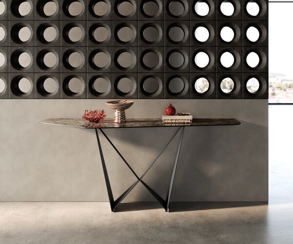 DELIFE Konzolasztal Edge poligonális 180x50 cm kerámia emperador extra polírozott sötétbarna Spios fém fekete