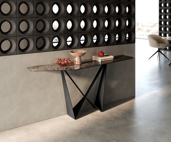 DELIFE Konzolasztal Edge poligonális 180x50 cm kerámia emperador extra polírozott sötétbarna Spios fém fekete