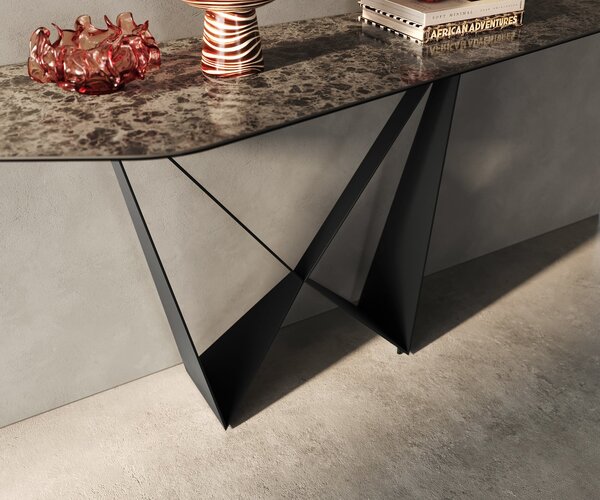 DELIFE Konzolasztal Edge poligonális 180x50 cm kerámia emperador extra polírozott sötétbarna Spios fém fekete