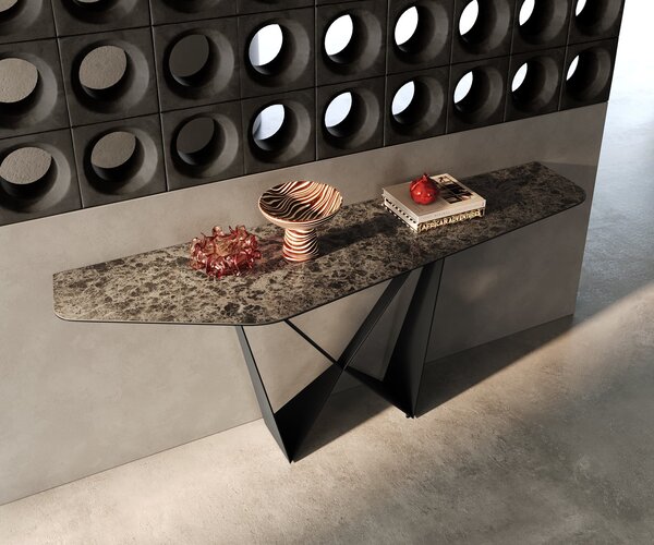 DELIFE Konzolasztal Edge poligonális 180x50 cm kerámia emperador extra polírozott sötétbarna Spios fém fekete