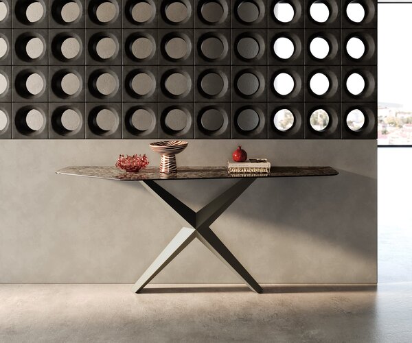 DELIFE Konzolasztal Edge polygonális 180x50 cm kerámia emperador extra polírozott sötétbarna Zentharo fém titán színű hatású bevonattal