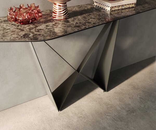DELIFE Konzolasztal Edge poligonális 180x50 cm kerámia emperador extra fényes sötétbarna Spios fém titán színű hatású