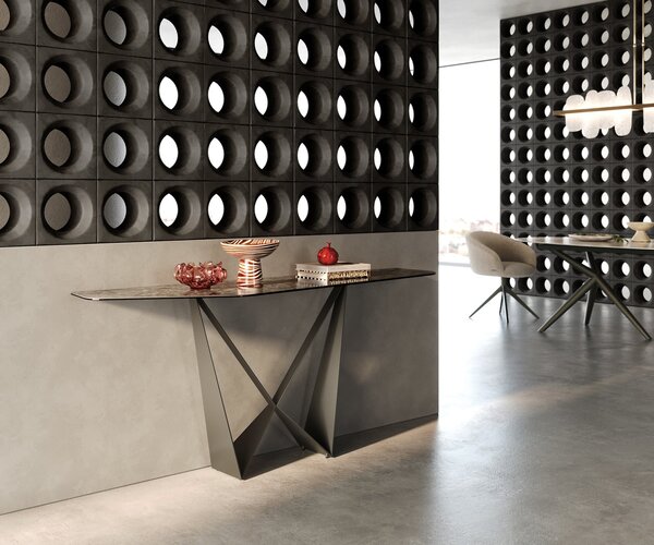 DELIFE Konzolasztal Edge poligonális 180x50 cm kerámia emperador extra fényes sötétbarna Spios fém titán színű hatású