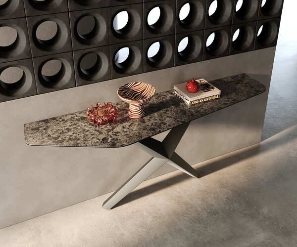 DELIFE Konzolasztal Edge polygonális 180x50 cm kerámia emperador extra polírozott sötétbarna Zentharo fém titán színű hatású bevonattal