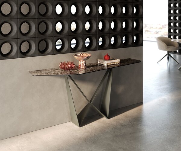 DELIFE Konzolasztal Edge poligonális 180x50 cm kerámia emperador extra fényes sötétbarna Spios fém titán színű hatású