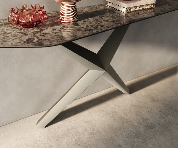 DELIFE Konzolasztal Edge polygonális 180x50 cm kerámia emperador extra polírozott sötétbarna Zentharo fém titán színű hatású bevonattal