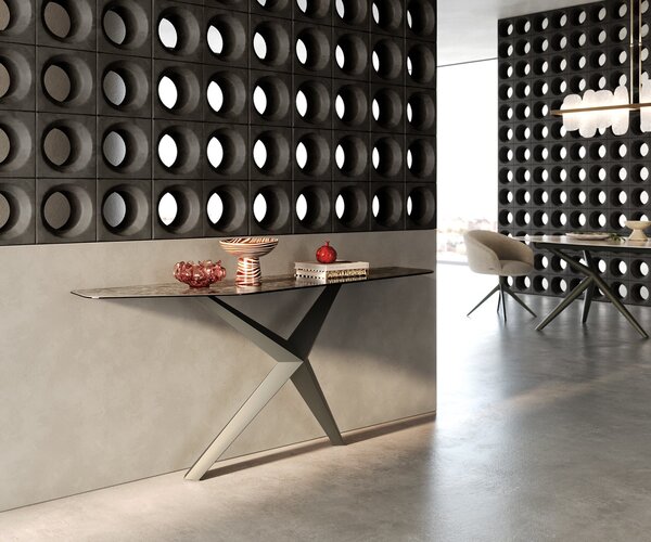 DELIFE Konzolasztal Edge polygonális 180x50 cm kerámia emperador extra polírozott sötétbarna Zentharo fém titán színű hatású bevonattal
