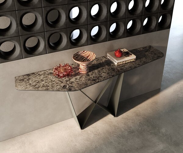 DELIFE Konzolasztal Edge poligonális 180x50 cm kerámia emperador extra fényes sötétbarna Spios fém titán színű hatású