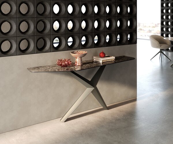 DELIFE Konzolasztal Edge polygonális 180x50 cm kerámia emperador extra polírozott sötétbarna Zentharo fém titán színű hatású bevonattal