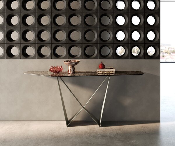 DELIFE Konzolasztal Edge poligonális 180x50 cm kerámia emperador extra fényes sötétbarna Spios fém titán színű hatású