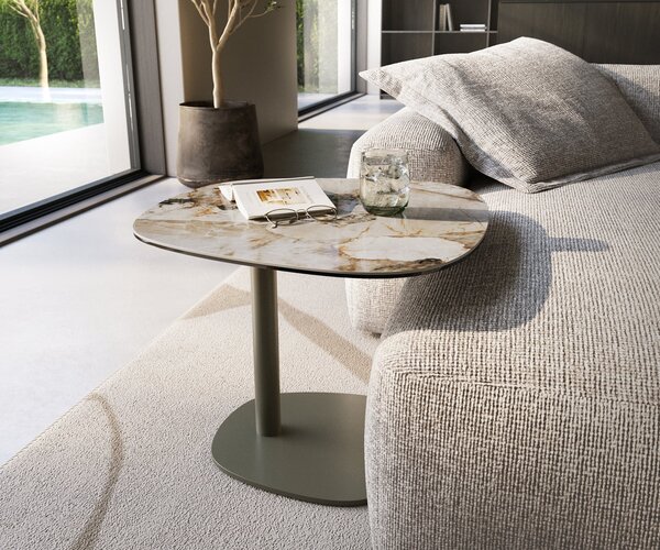 DELIFE Dohányzóasztal Edge hajóformájú 60x60 cm kerámia Patagonia polírozott Eleny fém titán színű effekt finish