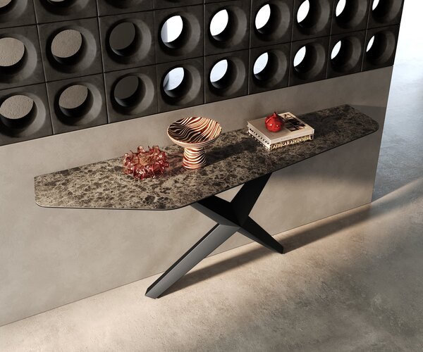DELIFE Konzolasztal Edge poligonális 180x50 cm kerámia emperador extra lucido sötétbarna Zentharo fém fekete