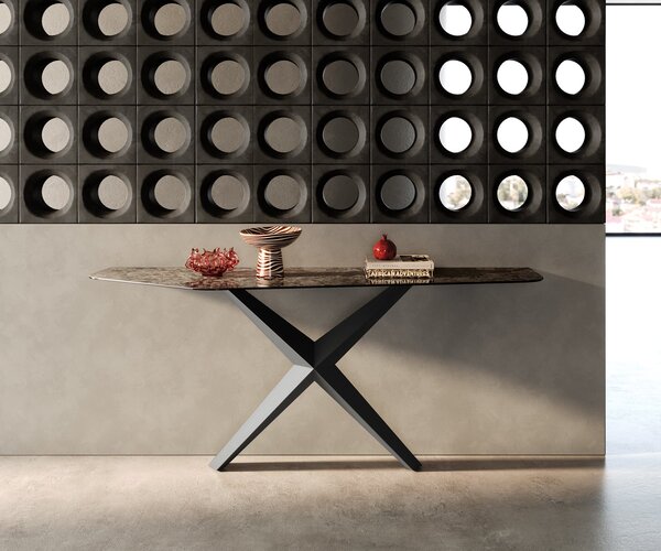 DELIFE Konzolasztal Edge poligonális 180x50 cm kerámia emperador extra lucido sötétbarna Zentharo fém fekete