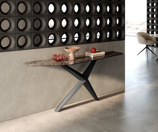 DELIFE Konzolasztal Edge poligonális 180x50 cm kerámia emperador extra lucido sötétbarna Zentharo fém fekete