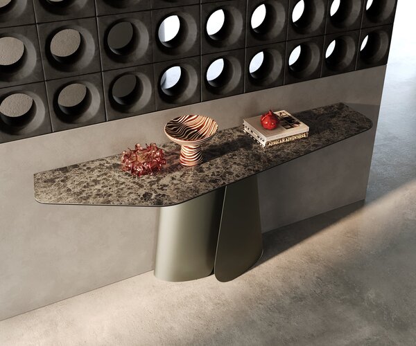 DELIFE Konzolasztal Edge poligonális 180x50 cm kerámia emperador extra fényes sötétbarna Livos fém titán effekt finish