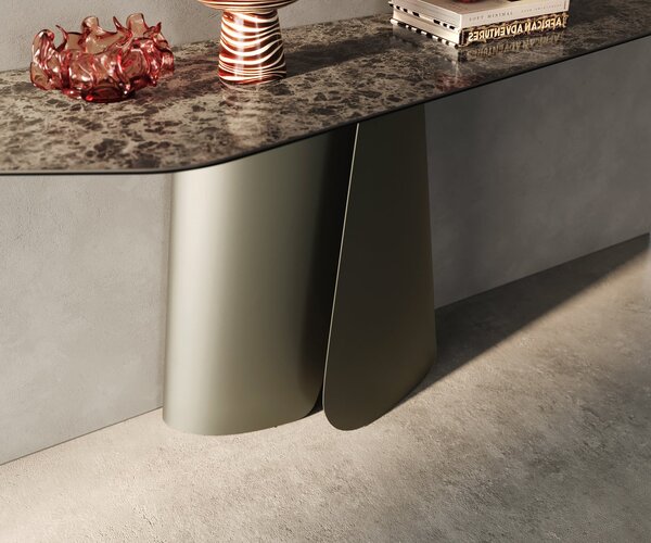 DELIFE Konzolasztal Edge poligonális 180x50 cm kerámia emperador extra fényes sötétbarna Livos fém titán effekt finish