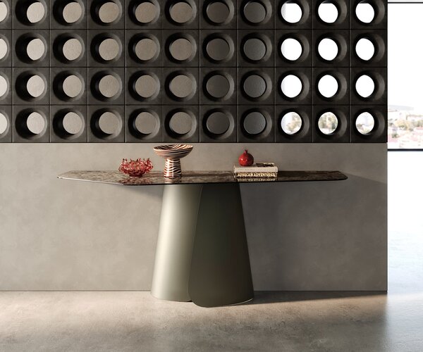 DELIFE Konzolasztal Edge poligonális 180x50 cm kerámia emperador extra fényes sötétbarna Livos fém titán effekt finish