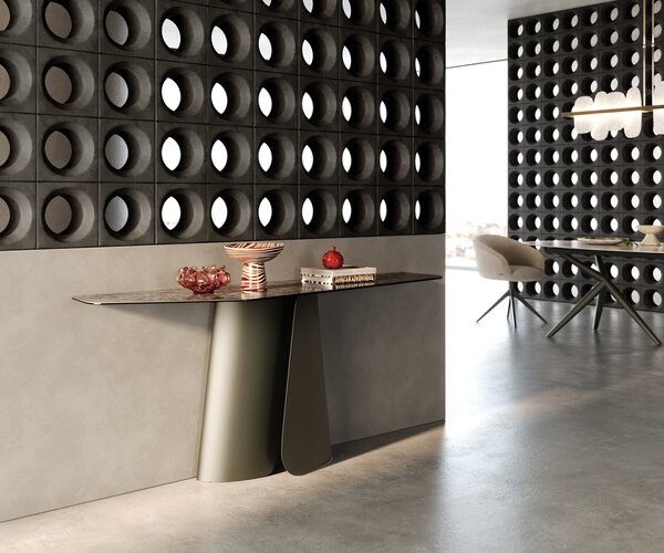 DELIFE Konzolasztal Edge poligonális 180x50 cm kerámia emperador extra fényes sötétbarna Livos fém titán effekt finish