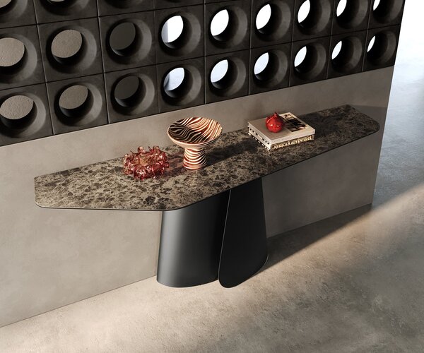 DELIFE Konzolasztal Edge poligonális 180x50 cm kerámia emperador extra lucido sötétbarna Livos fém fekete
