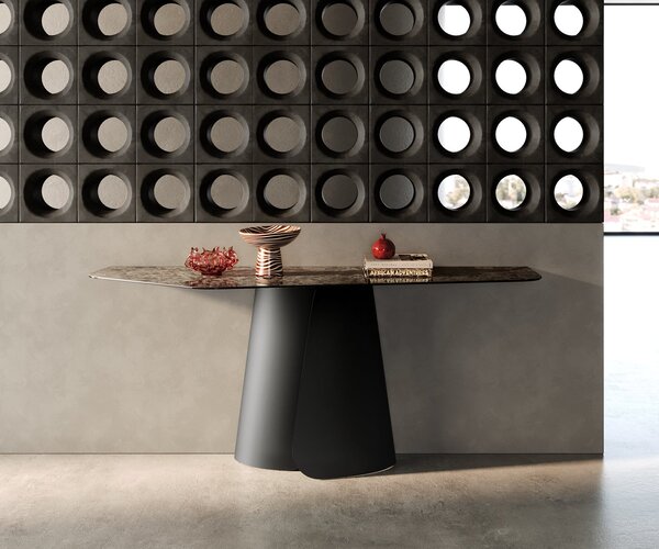 DELIFE Konzolasztal Edge poligonális 180x50 cm kerámia emperador extra lucido sötétbarna Livos fém fekete