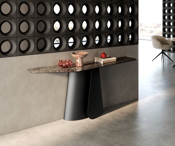 DELIFE Konzolasztal Edge poligonális 180x50 cm kerámia emperador extra lucido sötétbarna Livos fém fekete