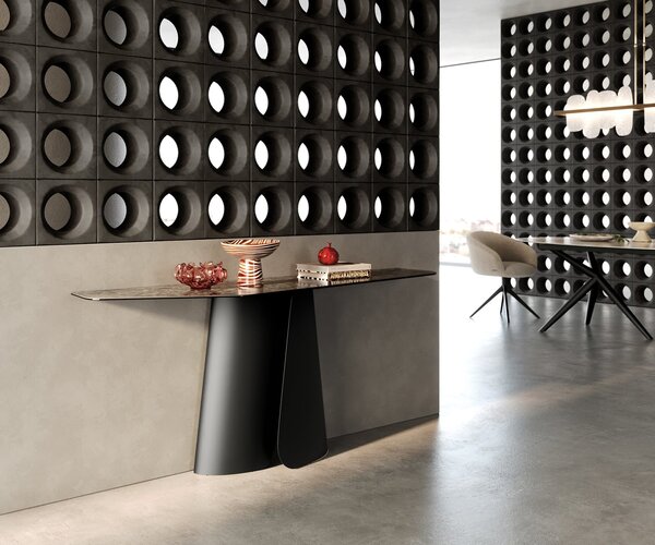 DELIFE Konzolasztal Edge poligonális 180x50 cm kerámia emperador extra lucido sötétbarna Livos fém fekete