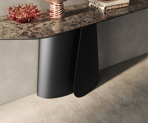DELIFE Konzolasztal Edge poligonális 180x50 cm kerámia emperador extra lucido sötétbarna Livos fém fekete