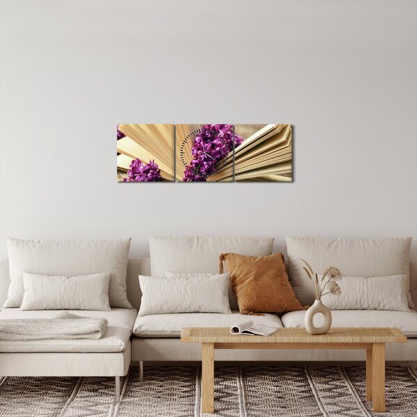 Kép egy könyvröl és a lila virágok (órával) (90x30 cm)