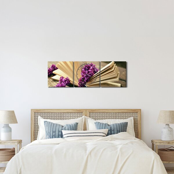 Kép egy könyvröl és a lila virágok (órával) (90x30 cm)