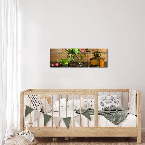 Tulipánok, daráló és kávé képe (órával) (90x30 cm)