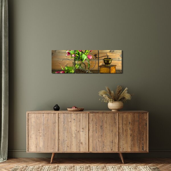 Tulipánok, daráló és kávé képe (órával) (90x30 cm)