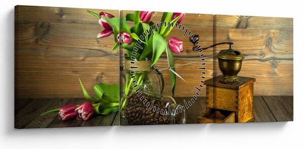 Tulipánok, daráló és kávé képe (órával) (90x30 cm)