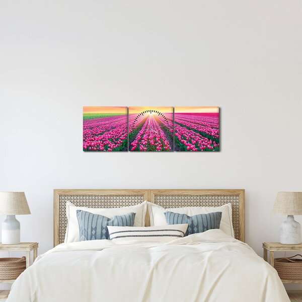 Tulipán mező és a nap képe (órával) (90x30 cm)