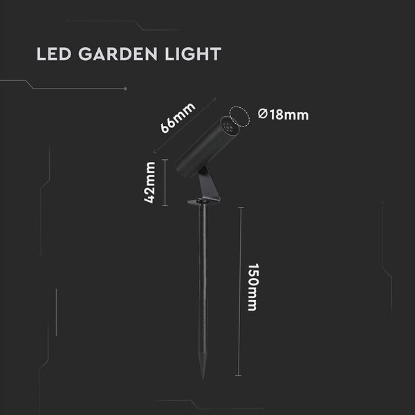 V-TAC DC24V 2W LED alumínium leszúrható lámpa, fekete henger házzal, meleg fehér - SKU 24006