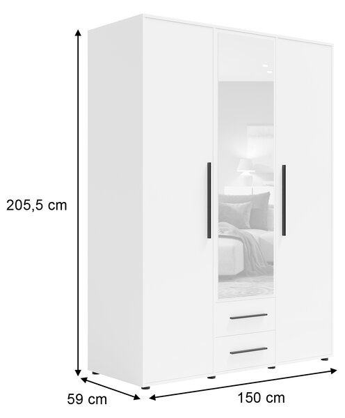 MAXIONE tükrös ruhásszekrény 150x205x59 - fehér