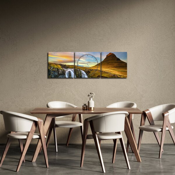 Kép a hegyekről és vízesésekről Izlandon (órával) (90x30 cm)