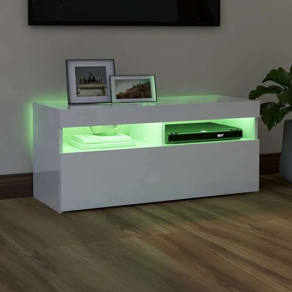 Magasfényű fehér TV-szekrény LED lámpákkal 90x35x40 cm