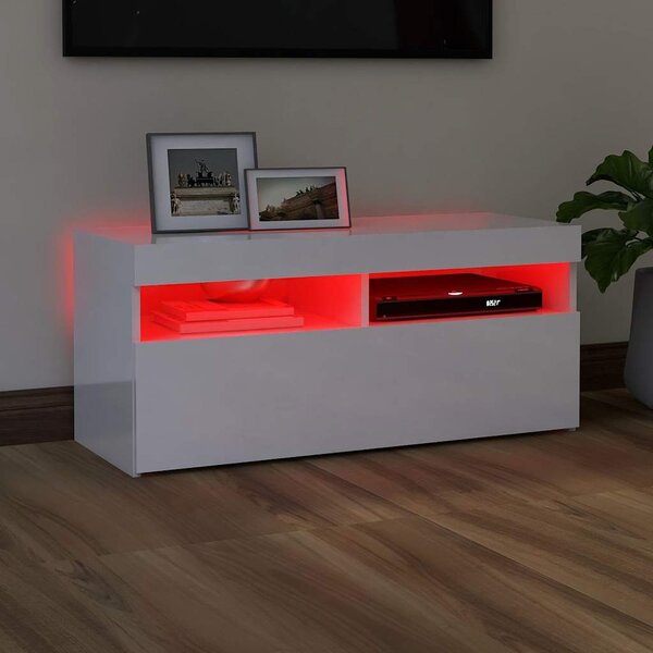 Magasfényű fehér TV-szekrény LED lámpákkal 90x35x40 cm