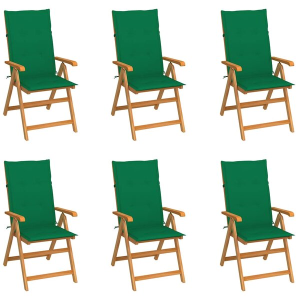 6 db-os összecsukható szék zöld párnákkal, tömör tikfából