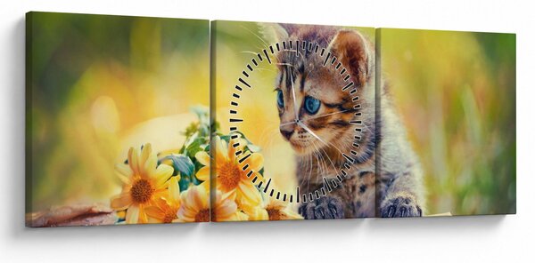 Macska képe ahogy a virágot nézi (órával) (90x30 cm)