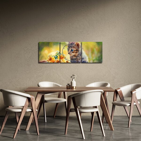 Macska képe ahogy a virágot nézi (órával) (90x30 cm)