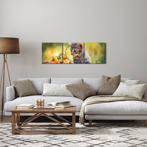 Macska képe ahogy a virágot nézi (órával) (90x30 cm)
